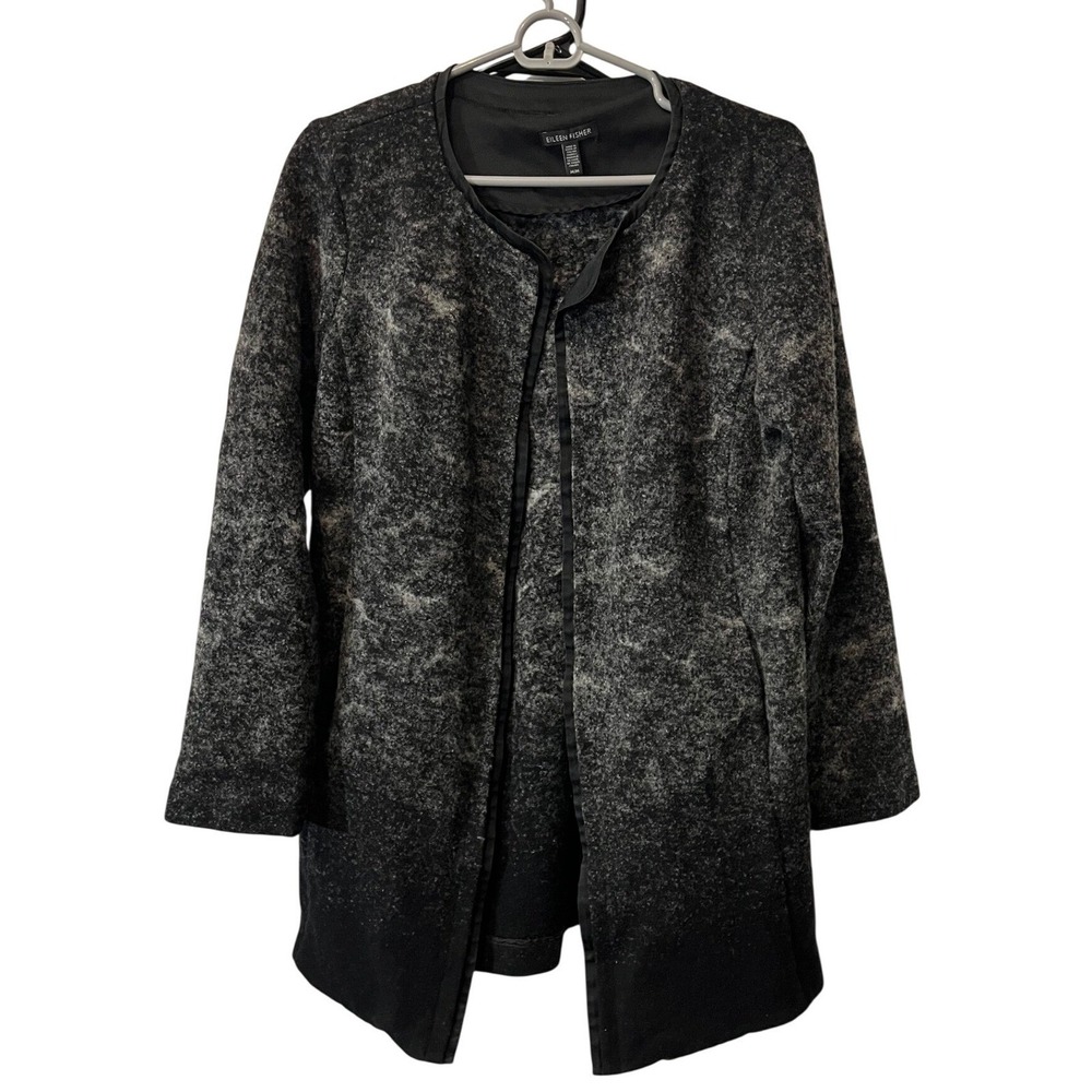 $468 Eileen Fisher Women's Black Sprinkle Felted Wool Open Front Jacket Sz‎ M
